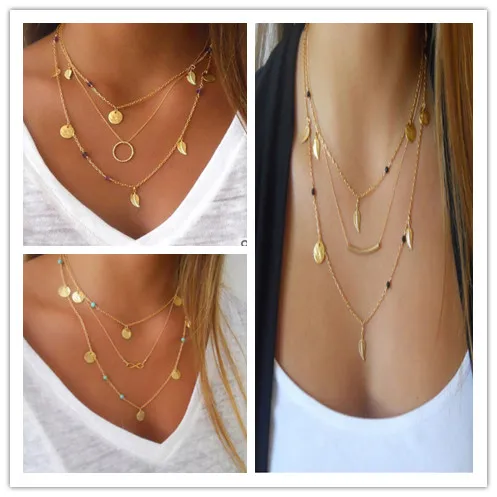 

A Variety Of European And American Fashion Jewelry Multilayer Geometry Leaves Circles Discs 8-word Necklace Gift Wholesale Wo
