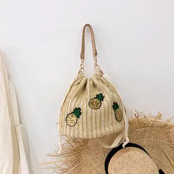 

Ladies Fashion Pineapple Print straw Bucket bag Shoulder Messenger Handbags Women Causal Straw Woven Crossbody Top-handle Bag
