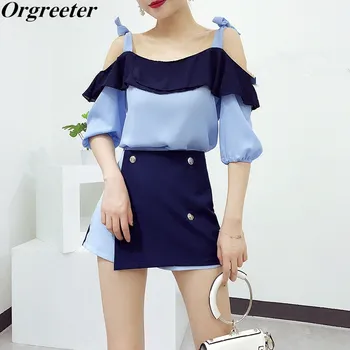 

Casual Suits Female Sexy Strapless Off Shoulder Ruffled Top and Button Irregular stitching Shorts or A-line Skirt 2 Piece Set