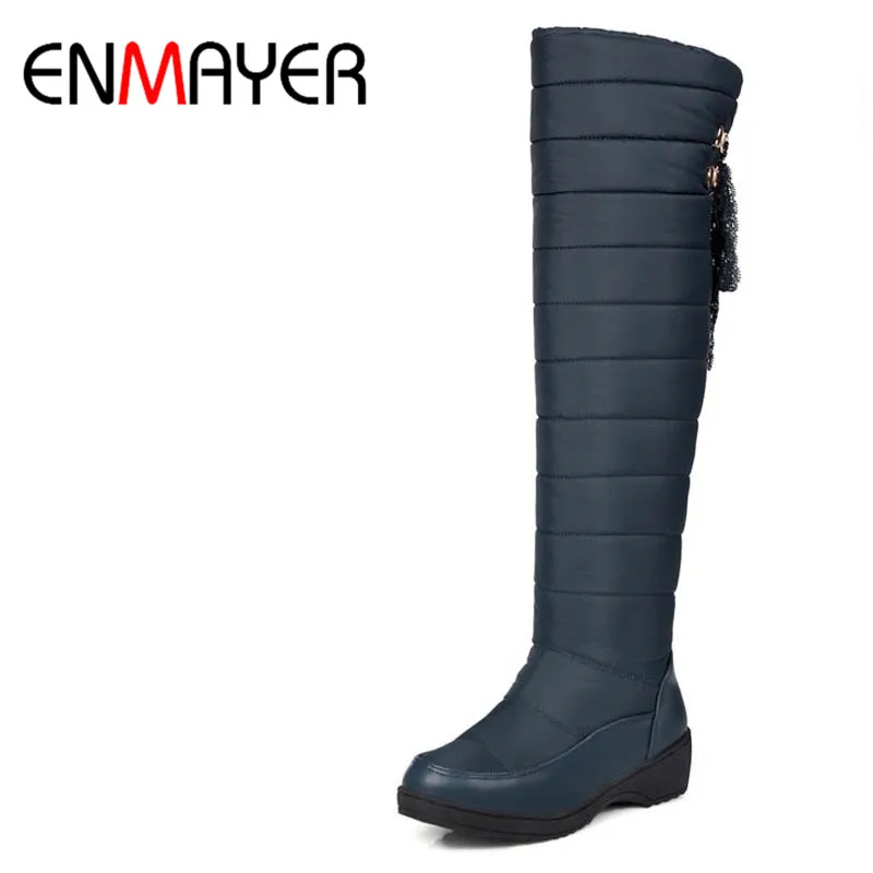 

ENMAYER New Winter Boots Space Cotton & Down Cloth Women Med Heels Long Boots Fashion Platform Boots Black Blue Knee High Boots