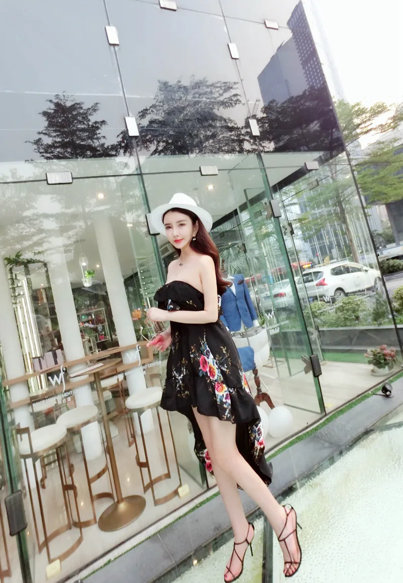 2018 New Summer Women's  Sexy  Printing  Ruffles Tops  Irregular Paty Dress Free Shipping