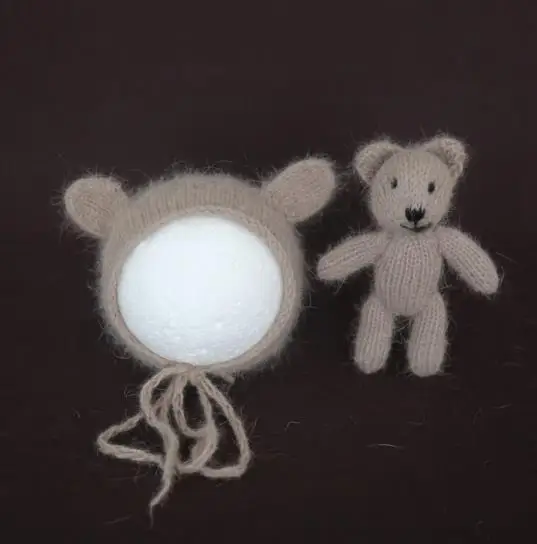 Пушистая детская одежда, эластичная вязаная пеленка для новорожденных, Шапочка-медвежонок с игрушкой, полный комплект, реквизит для фотосъемки, игрушка для малышей - Цвет: hat and toy