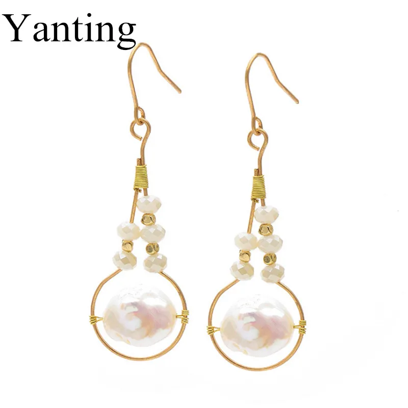 

Yanting natural pearl earrings for women gold color handmade jewelry circle earings brincos with glass beads party jewelry gift