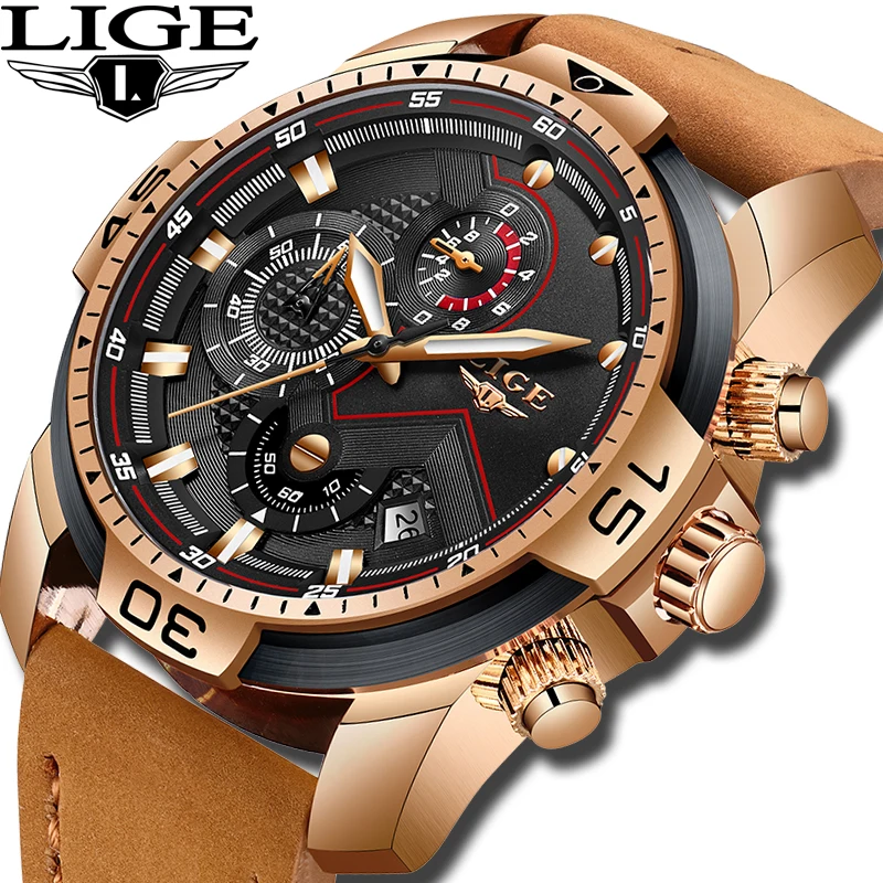 

LIGE Men Watch 30m Waterproof Mens Watches Top Brand Luxury Steel Watch Chronograph Male Clock Gift Gold Watch Men zegarek meski