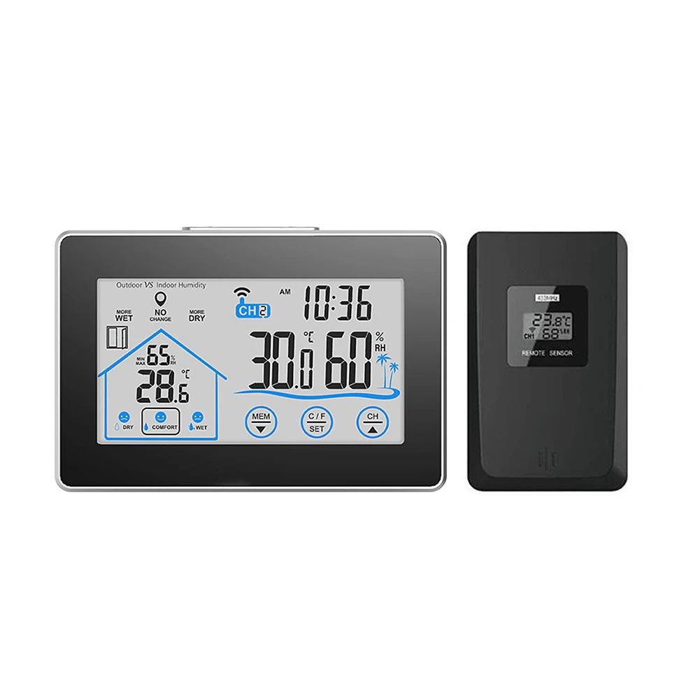 

Touch Indoor Outdoor Weather Station Humidity Wall Clock Temperature Sensor Hygrometer Digital Wireless Room Thermometer