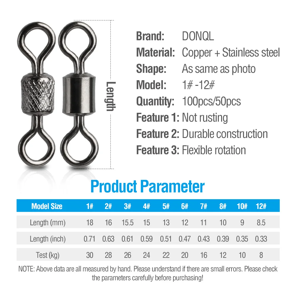 DONQL 50100pcs Barrel Rolling Swivel Fishing Connector 1#-12# Bearing Swivel Solid Rings For Fishhook Fishing Accessories       (4)