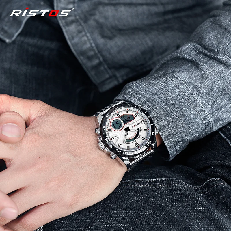 RISTOS, мужские цифровые наручные часы с хронографом, многофункциональные часы со стальной сеткой, модные мужские часы, мужские спортивные часы 9361