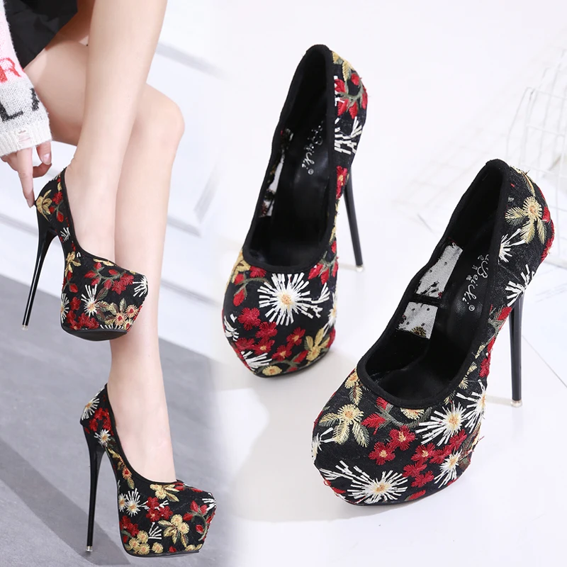 

2019 Luxury Valentine Wedding Shoes Club Party Shoes Woman Pumps Sexy Platform Fetish 17 cm Extreme High Heels Embroider Pumps
