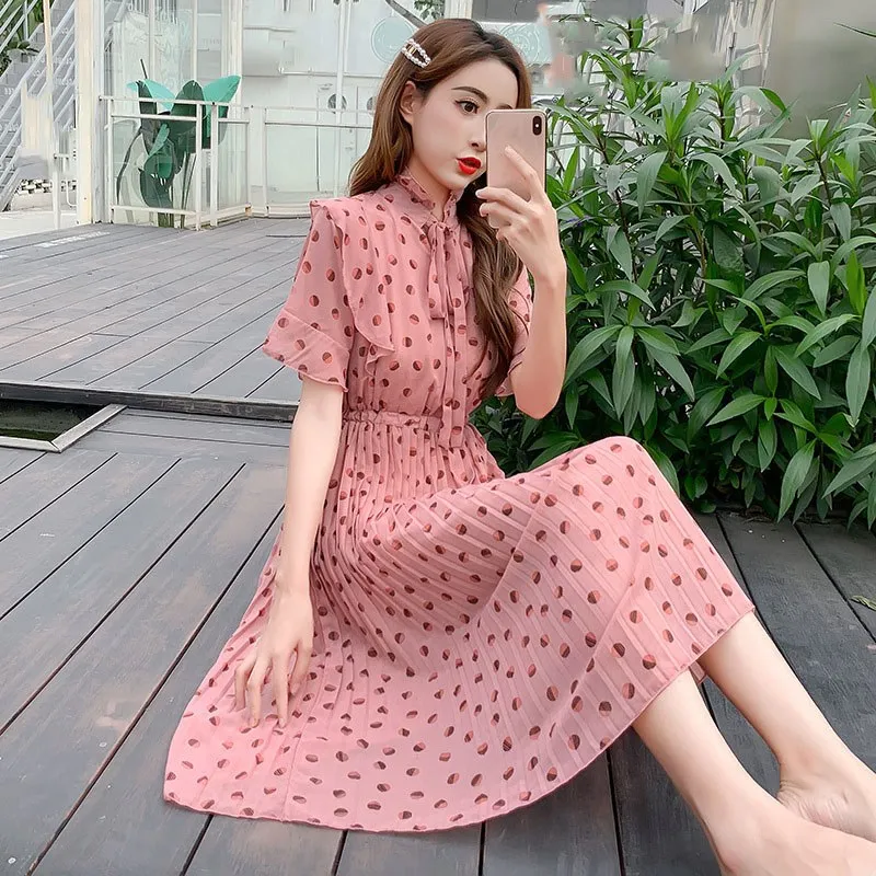 

Korean Summer Women Long Dress Pleated Dress Sweet Bow Collar Polka Dot Dress Elegant Chiffon Party Dress
