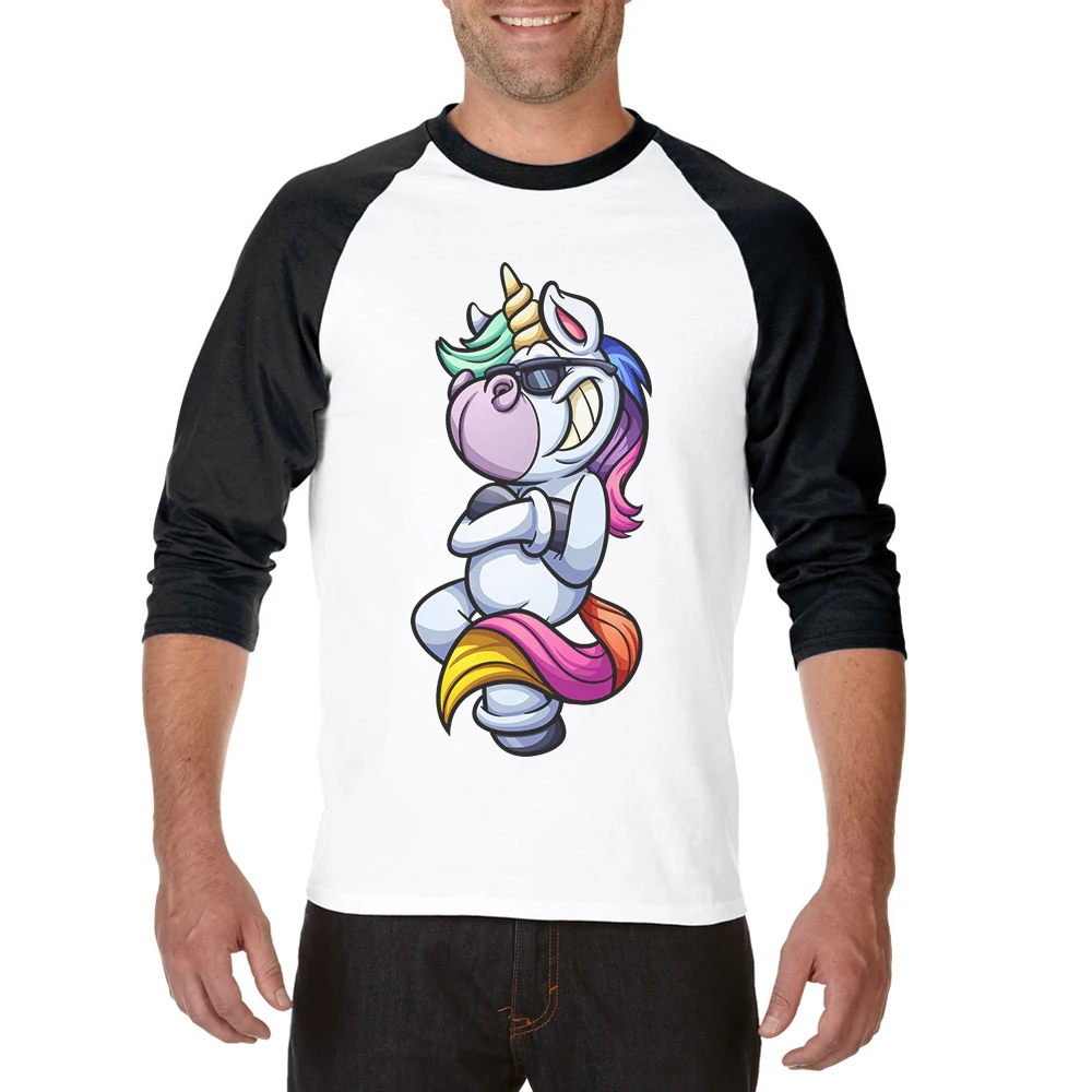 

Brand Clothing 2019 Fashion Unicorn T Shirt Men Cartoon Horse Print Cool Raglan Man T-Shirt Cotton Funny 3/4 Sleeve Tee Shirts