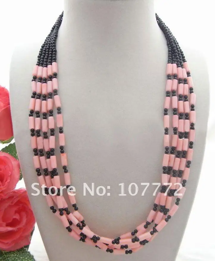

Black Onyx tube pink coral Necklace