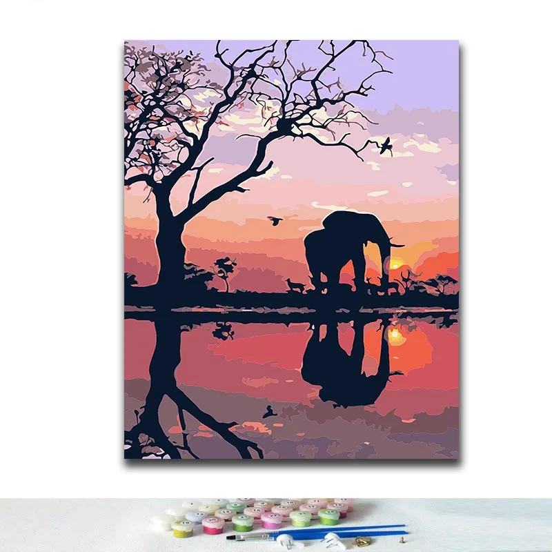 DIY окраска по номерам с изображением слона на закате картины по номерам с комплекты 40x50 защелка