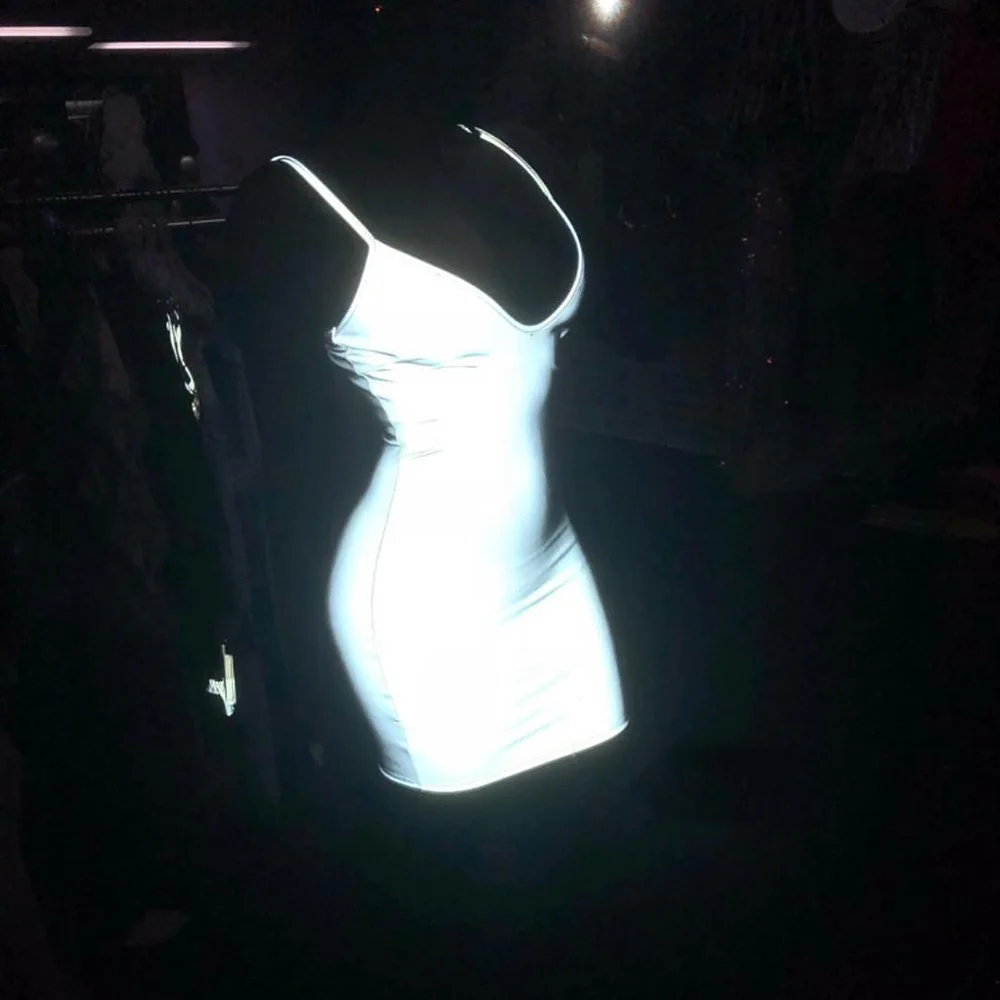

Silver Reflective Sexy Dress Women Shiny Backless V Neck Mini Dresses Party Club Summer Spaghetti Strap dress 2019 New Arrival