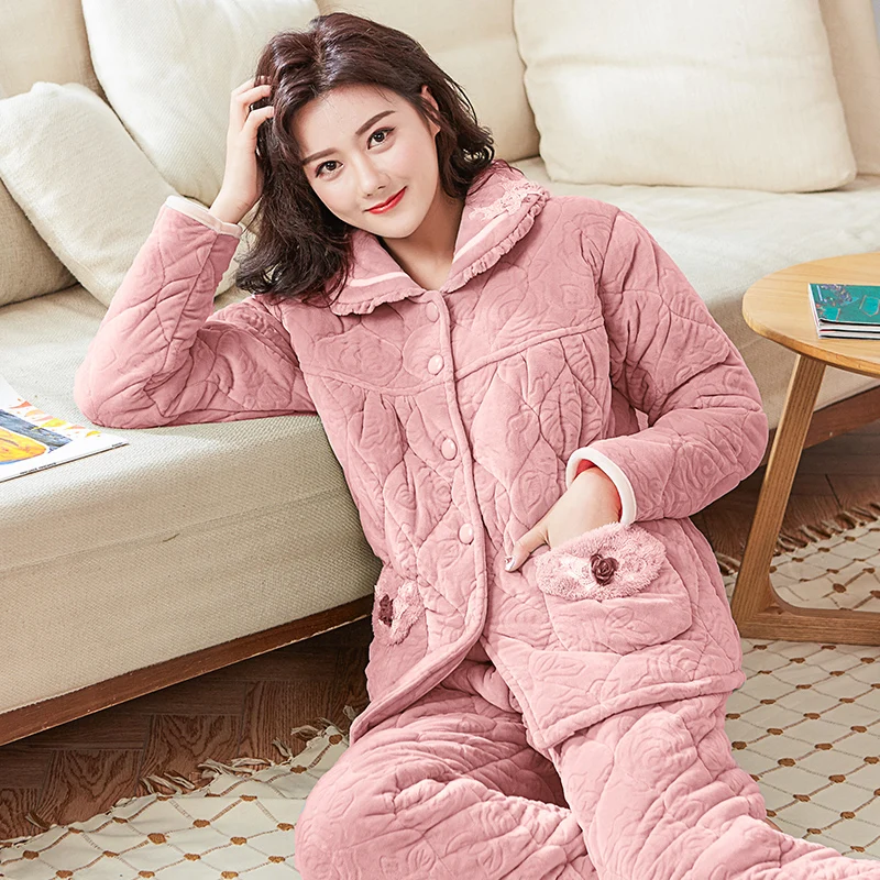 

J&Q New Women Pajamas Pink Homewear Winter Pajamas Set Thick Warm Lapel Cardigan Velvet+cotton Padded Brand Sleepwear For Women