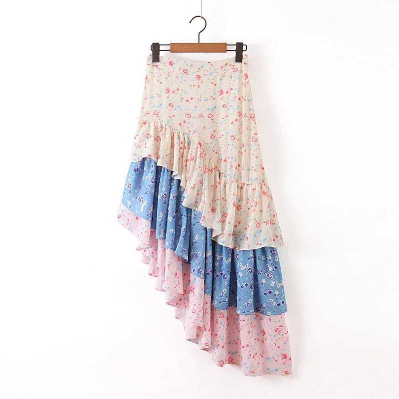 

2019 Summer Beach Skirts Floral print Color matching Chiffon Mermaid skirt Women Fashion Cascading Ruffles Long skirt A031