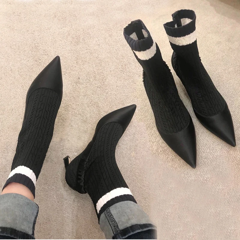 

White Striped Slip On Knitted Design Sock Booties Slingback Satin Patchwork Ladies Kitten Heels Boots Pointed Toe Spring Shoes