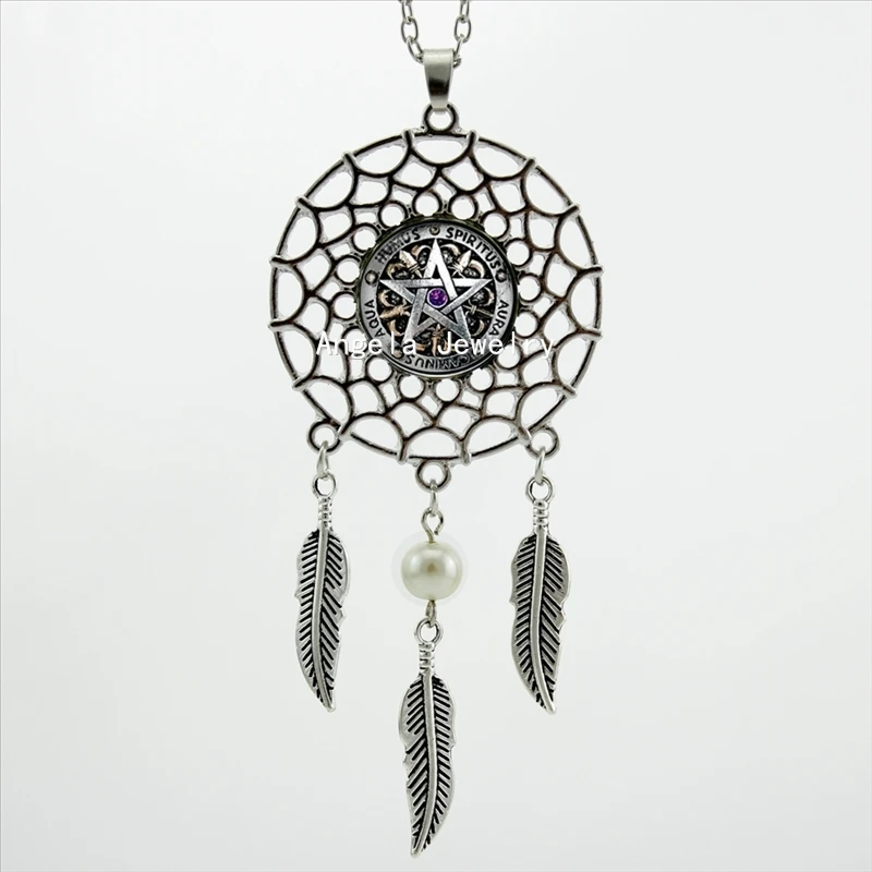 

-00578 Trendy Style Wiccan Necklace Black Magick Pagan Pentagram Jewelry Silver Dream Catcher Necklace