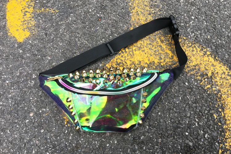 Новый поясная сумка женские сумки лазерная заклепки кошелек прозрачный Светоотражающие грудь талия сумка женская сумка талии нога мешок