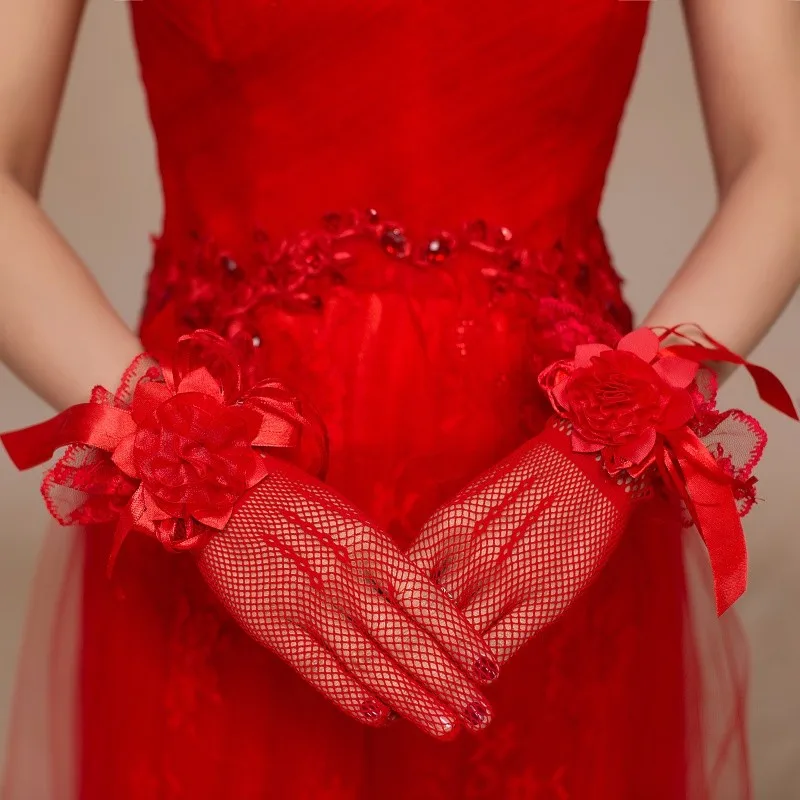 Красные Свадебные перчатки цвета слоновой кости палец длина запястья цветок тюль женские короткие свадебные перчатки для свадьбы Дешевые Свадебные аксессуары 05