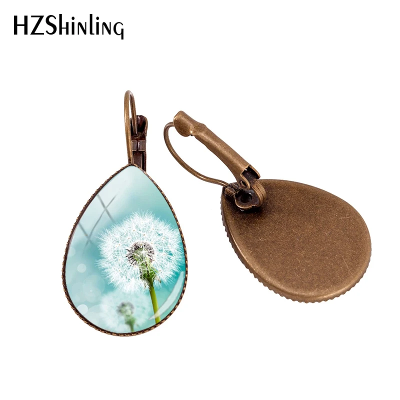 

2019 New Dandelion Tear Drop Earrings Art Painting Photo Earring Clips Silver Glass Dome Hand Craft Jewelry Drop Earring
