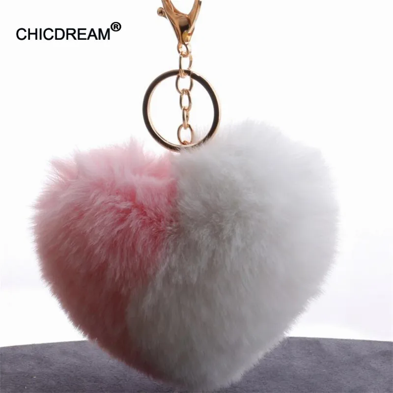 Key Chains Soft Fluffy Faux Rabbit Fur Pompom Heart Key Ring Hangbag Charm