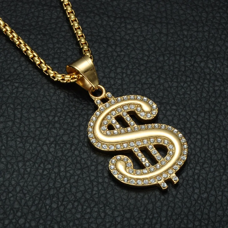 

HIP Hop Pave Rhinestones Gold Color Micro Stainless Steel US Dollar Sign Pendant & Necklaces for Men Jewelry