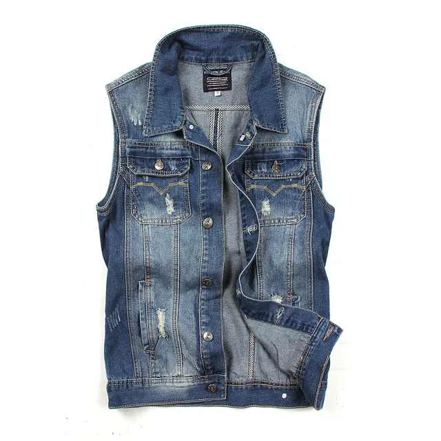 New Men'S Sleeveless Jeans Short Jacket Dark Blue Jean Waistcoat Motorcycle Denim Vest Brand