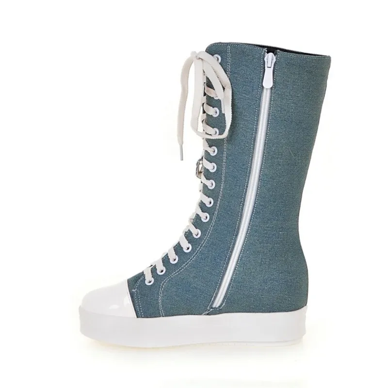 Fashion Canvas Lace Up Women Knee High Boots Round Toe Short Plush Women Snow Boots Tall Punk Casual Flat Platform Shoes Boots (11)