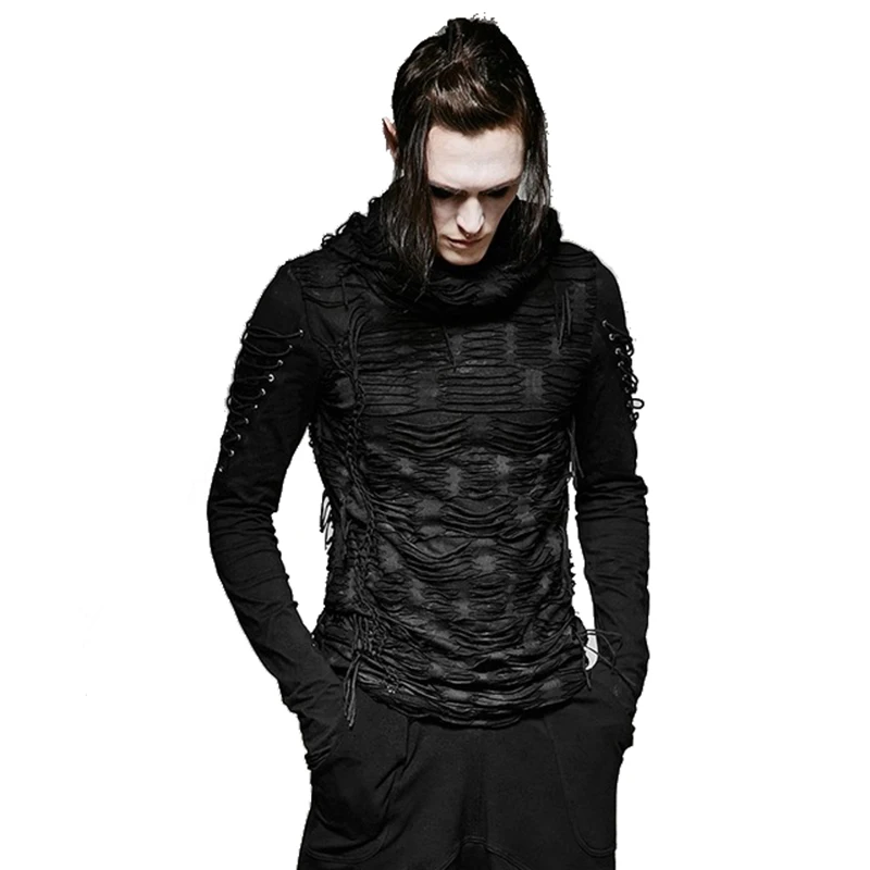 

Gothic Hole T Shirt Costumes Double Layers Irregular Hooded Black T-shirt Punk Ripped Men Casual Tee Tops