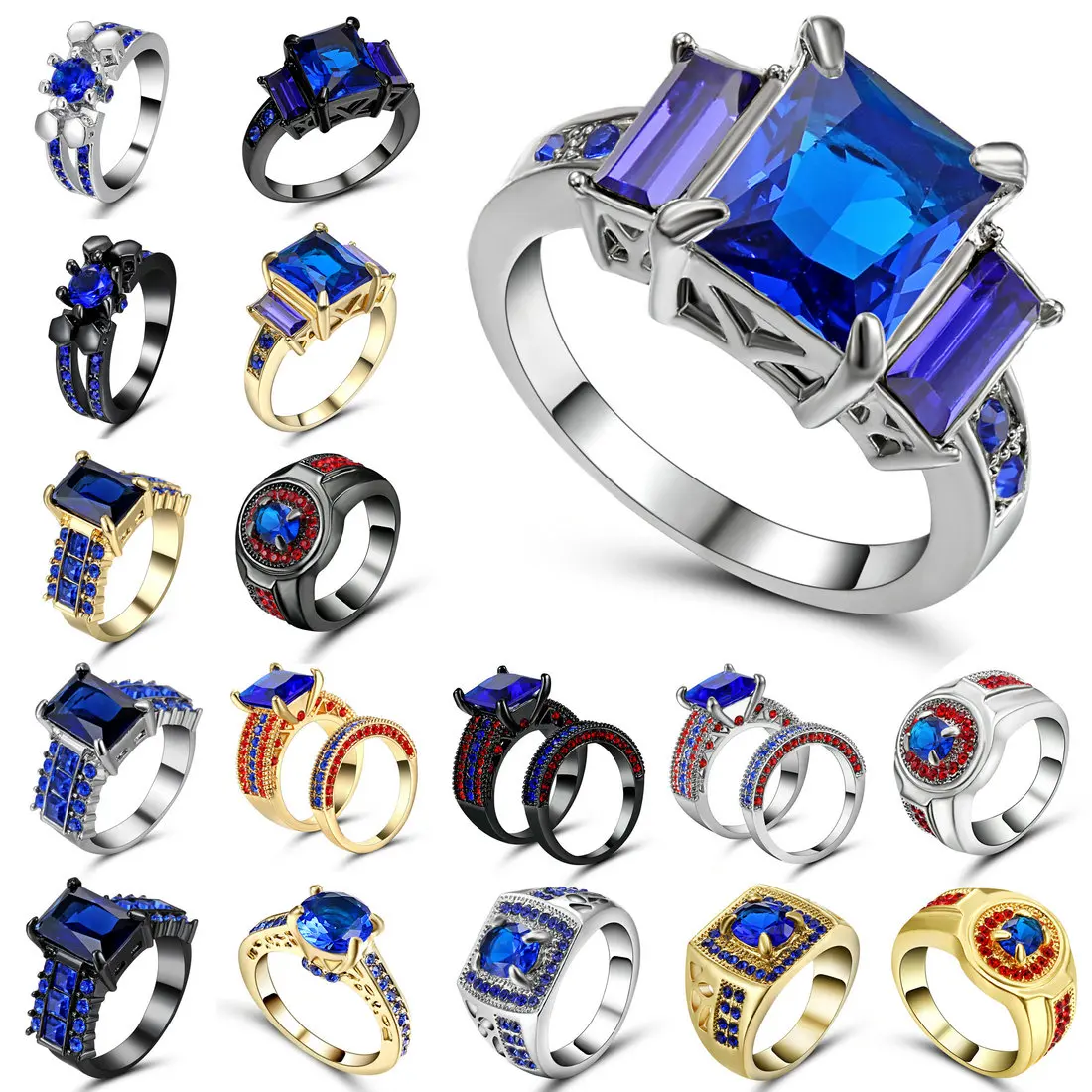 Женское кольцо с фианитом черное серебряное золотое синее Размер 8|cubic zirconia