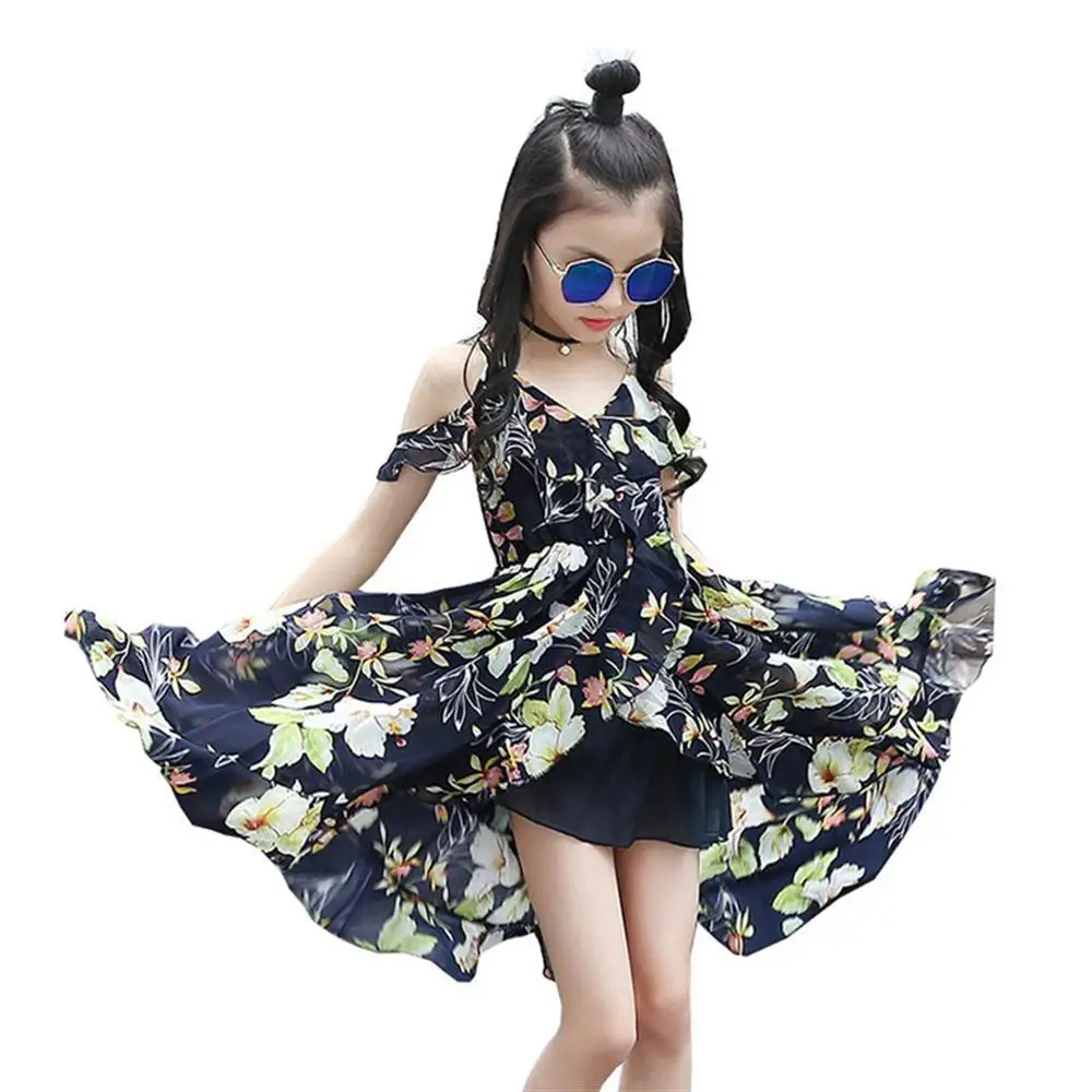 

Asymmetrical Fashion Girls Dress 2019 New Sleeveless Children Princess Dress Summer Chiffon Flower Kids Beach Holiday Clothes