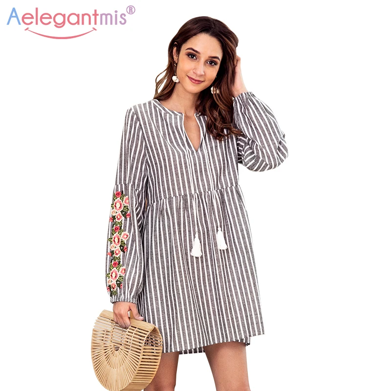 

Aelegantmis Autumn New V Neck Long Sleeve Embroidery Mini Dress Women Striped Slim Mini Dress Ladies Loose Casual Short Dresses