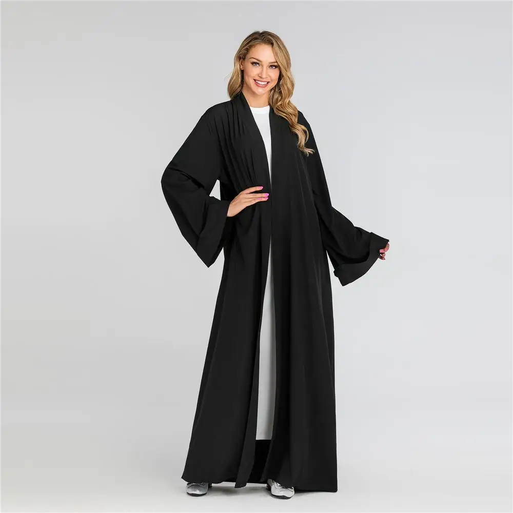 New Open Front Cardigan Dubai Kimono Abaya Maxi Dress Muslim For Women Solid Color Long Sleeve Arab Robe Gown Middle East Dress