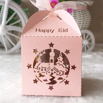 

50pc/lot free shipping laser cut Ramadan theme party decoration stars and castle wedding favor/candy/gift box with ribbon