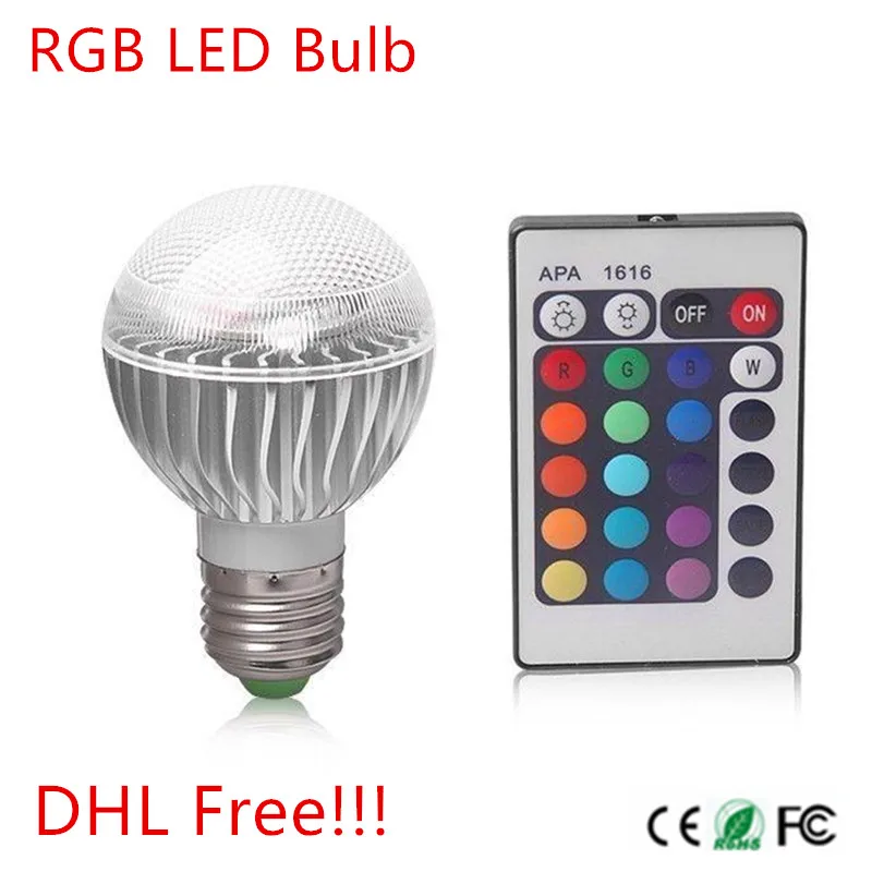 

Low price!!!High quality 9W E27 RGB LED Bulb AC 85~265V LED Bulb Light Lamp +24key Remote Control 50Pcs/lot DHL Free shipping