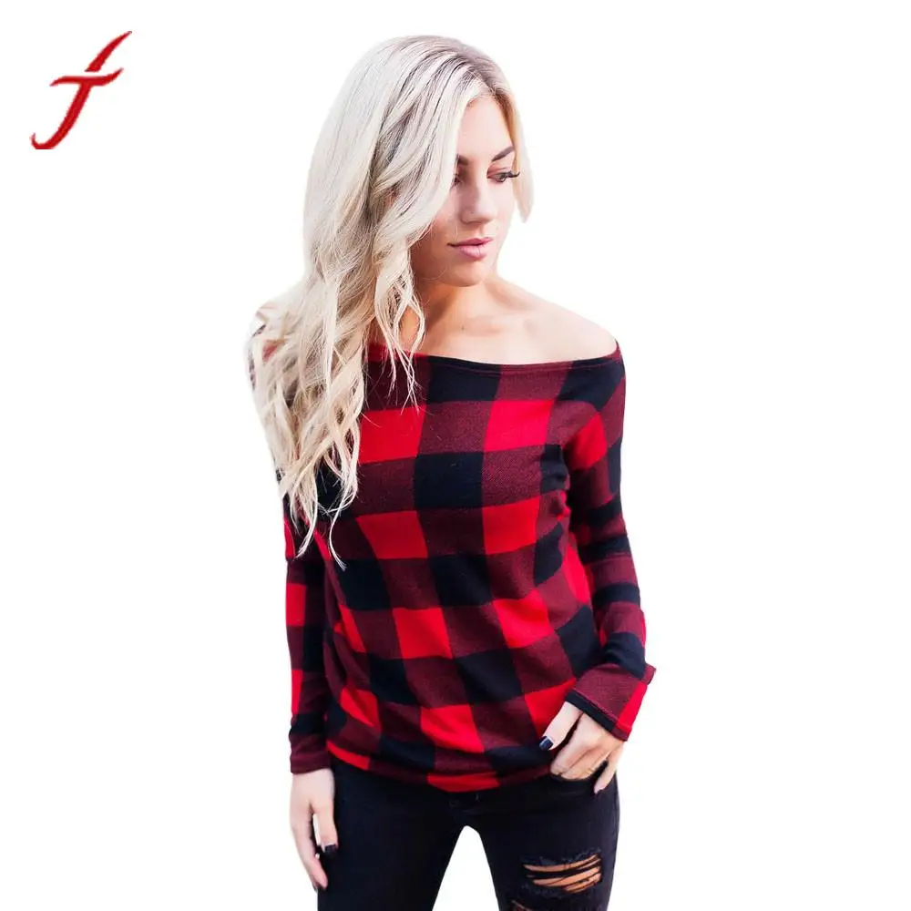 FEITONG Fashion Plaid Spring Women Blouse Sexy Cold