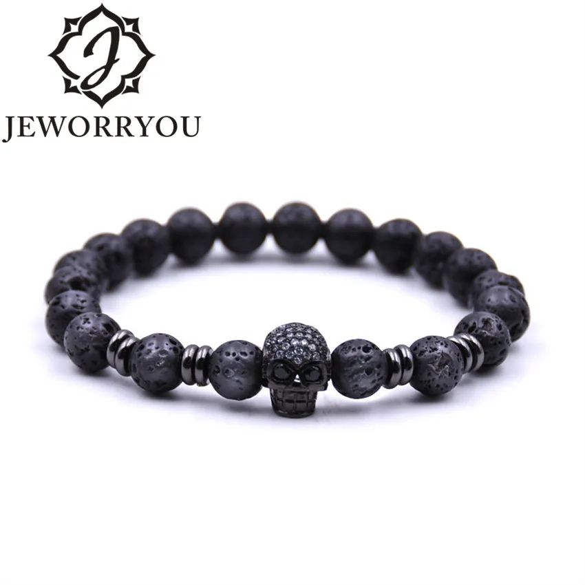 

8mm Skull Bracelet Men Lava Stone Bracelet Femme Hip Hop Personalized natural stone Bracelet Male armband heren