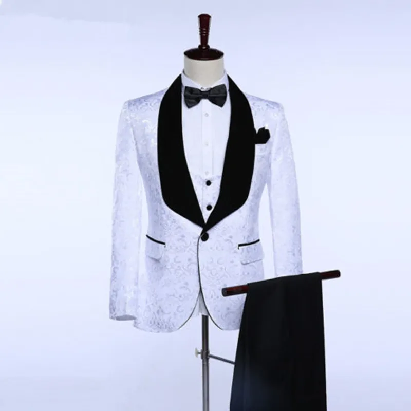 9-1  128.00 White Formal Black Velevt Lapel Men's Wedding Suits Formal Prom Groomsman Tuxedo (jacket + pants + vest) custom made