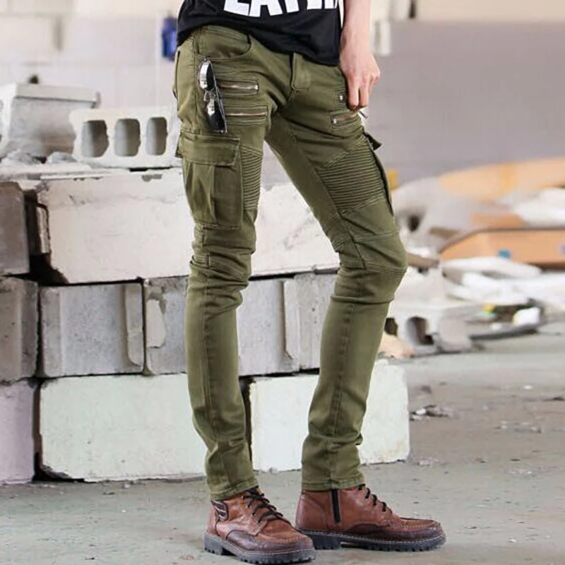 2018 New Fashion Mens Army Green Skinny Jeans Pants Hi Street Hip Hop Men Denim Joggers Pants