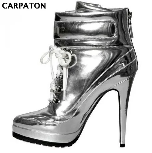

Carpaton2018 Fashion Punk Style High Heel Boots Lace-up Ankle Boots For woman metallic Leather riding boots short boots silver