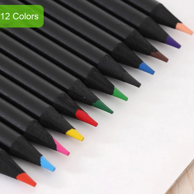 12 Pcs/Set Wooden Pencils Colouring Pen School Black Wooden Artist Drawing 