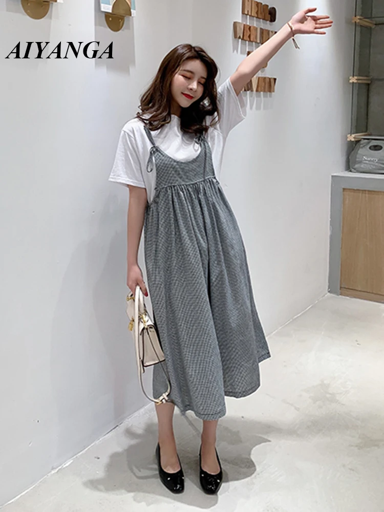 Women Casual Two Piece Pants Suit 2019 Spaghetti Strap Capri Pant Overalls and Cotton T Shirt 2 Piece Set Plaid Wide Leg Trouser