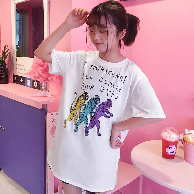 Women Print Cartoon Tiger Round Neck Short Sleeve Femme Personality T Shirts Fashion 2019 Lady Top Low Price Harujuku