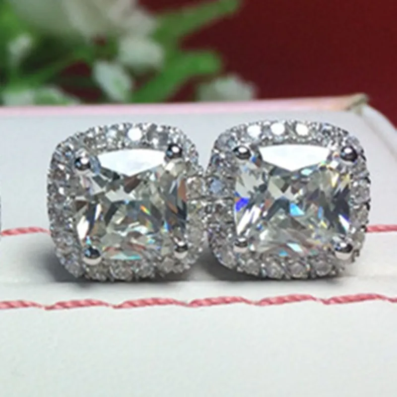 

3CT/Piece Cushion Shape Brilliance Simulate Diamond Female Marriage Earrings Solid 18K White Gold Earrings Stud For Bridal