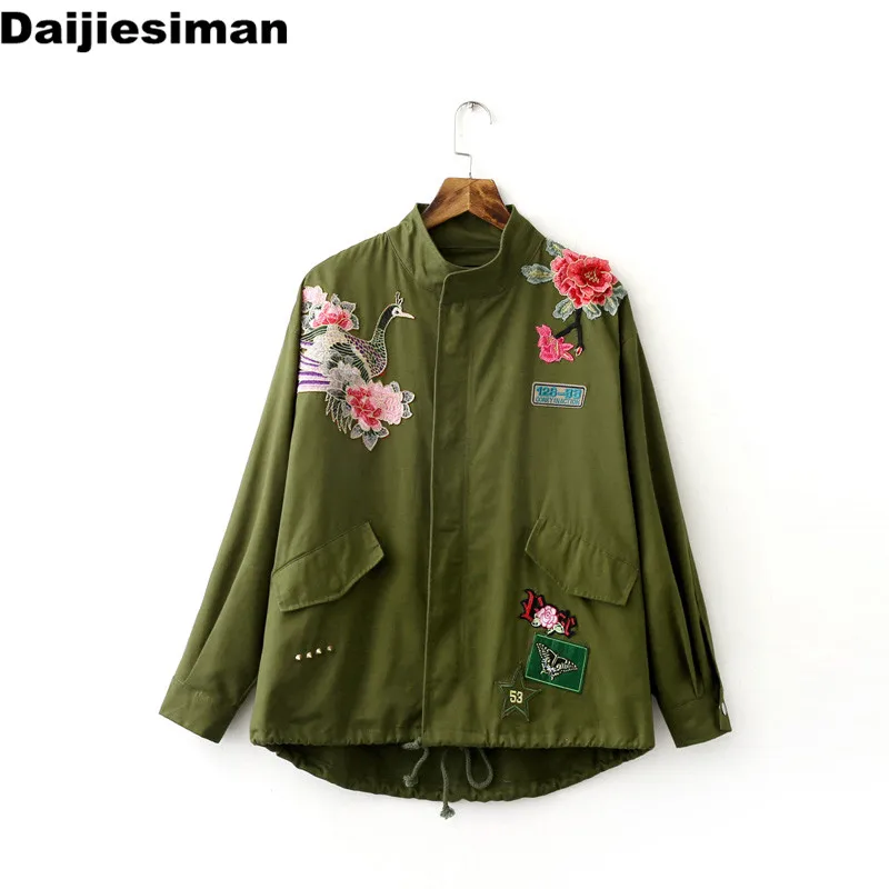 2016 autumn women army green floral embroidery bomber stand patched