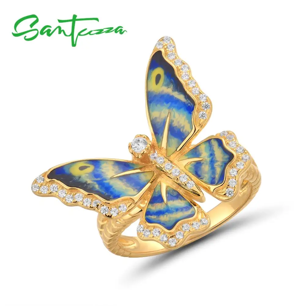 SANTUZZA серебряные кольца для женщин из натуральной 925 пробы Серебряное Золото Цвет синяя бабочка изысканные модные ювелирные изделия ручной работы эмаль