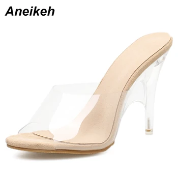 

Aneikeh Women Slippers 2020 Fashion High Heeled Women Strange Heels Mules PVC Transparent Shoes Clear Open Toe Apricot Size 42