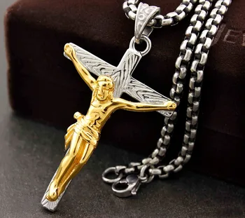 

Stainless Steel Bling Golden Jesus Cross God God Pendant Necklace NN78