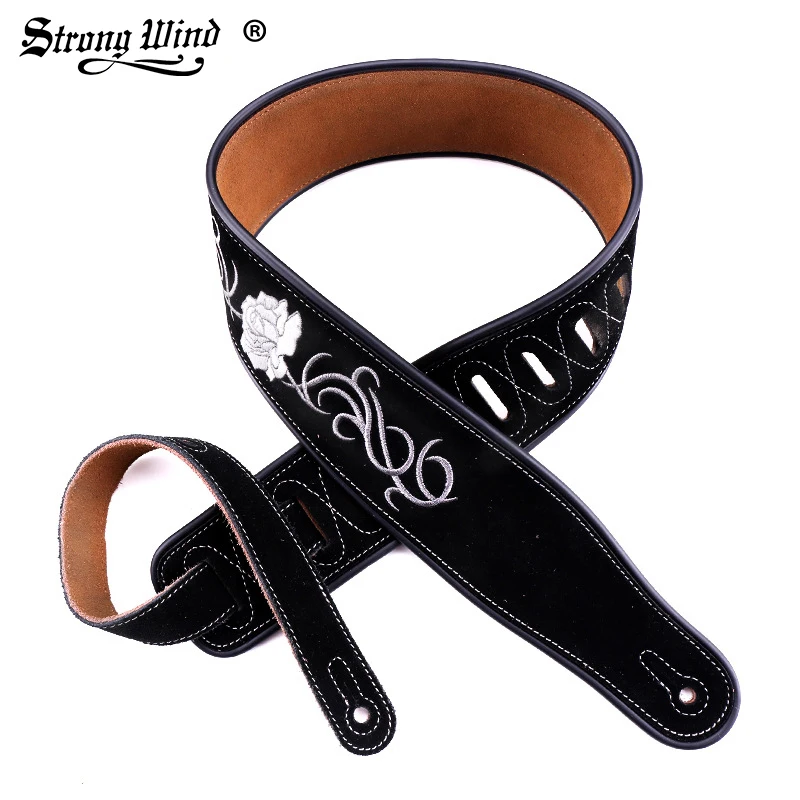 

Strong Wind Guitar strap Durable Leather Ballad Black Classic Hand-embroidered Leather Guitar accessories High Quality