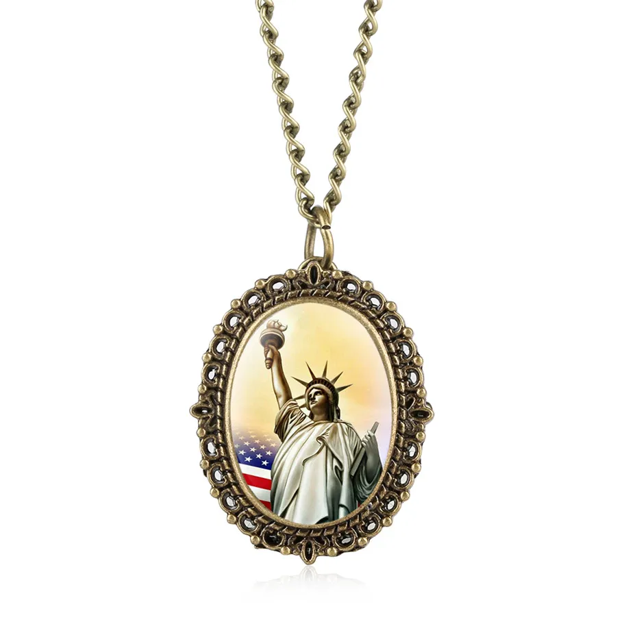 Винтаж Статуя Свободы кулон карманные часы для мужчин женщин бронзовый изысканный часы с ожерельем для детей с 80 см брелок цепи